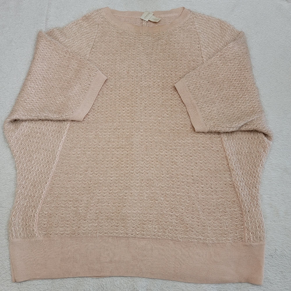 Chico's Dolman 3/4 Sleeve Sweater Pink Metallic Fuzzy Chunky Size L/2